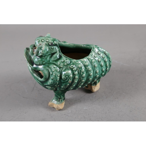 120 - A green crackle glazed pottery Jin Chan lucky toad (restored), a Kylin pot pourri jar and cover (res... 