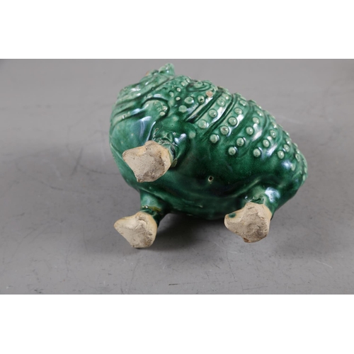 120 - A green crackle glazed pottery Jin Chan lucky toad (restored), a Kylin pot pourri jar and cover (res... 