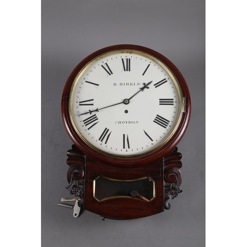 134 - An early Victorian carved mahogany cased wall clock with single fusee movement, by B Birkle Croydon,... 