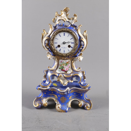 136 - Two 19th century Continental porcelain cased mantel clocks with floral relief decoration, on stands,... 