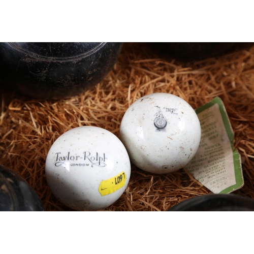 174 - Eight boules and two Taylor & Rolph 'Imp' Bowls, in wooden hinged box