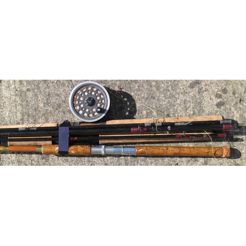 189 - A Silstar Diaflex salmon/fly rod, a split cane rod, one other rod and a reel, a pair of Airflo X-Str... 