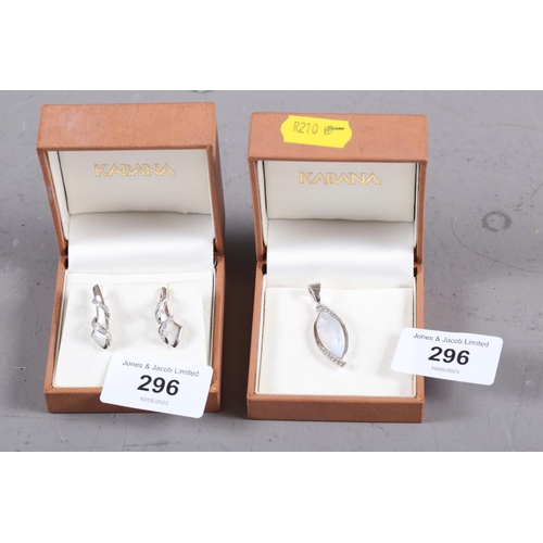 296 - A Kabana diamond and mother-of-pearl pendant, stamped 14k, and a pair of matching drop earrings