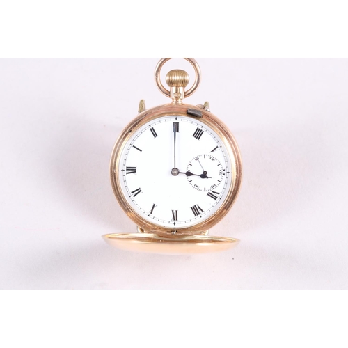 308 - A 9ct gold cased half hunter pocket watch with white enamel dial and Roman numerals