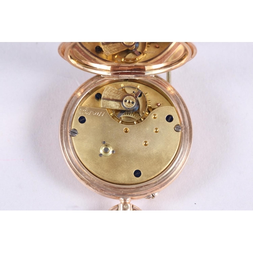 308 - A 9ct gold cased half hunter pocket watch with white enamel dial and Roman numerals