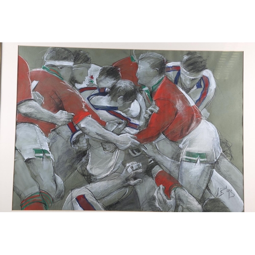 392 - Jenny Brooks, '93: pastels, rugby line out, 20