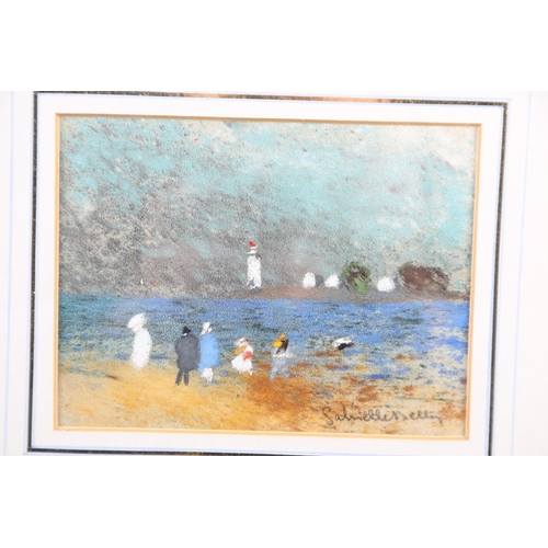 397 - Gabrielle Bellocq: pastels, figures by the seaside with distant lighthouse, 4 1/4