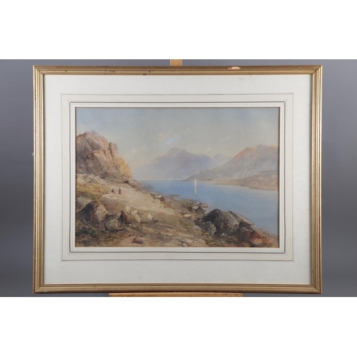 403 - E Tucker: a 19th century watercolour landscape with lake, shepherd and sheep, 12 3/4