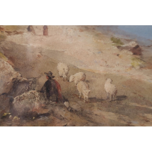 403 - E Tucker: a 19th century watercolour landscape with lake, shepherd and sheep, 12 3/4