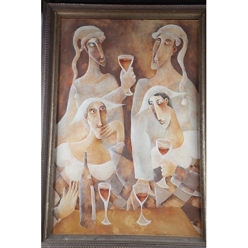 422 - Bilson: oil on canvas, figures drinking wine, 35