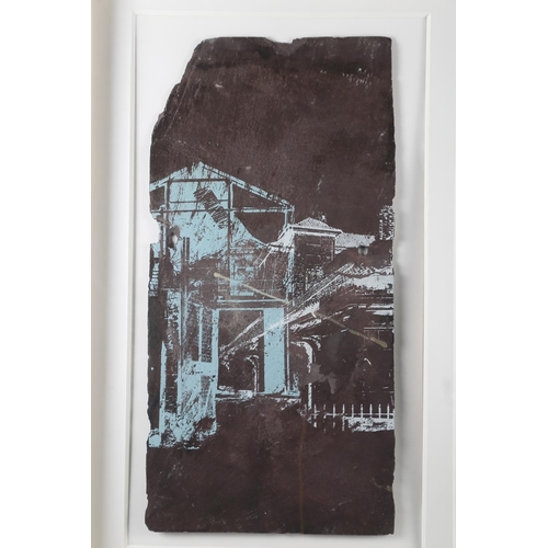 425 - Acrylic on slate, a pair of architectural studies, in common frame