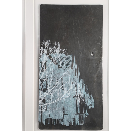 425 - Acrylic on slate, a pair of architectural studies, in common frame