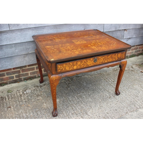 436 - An antique Dutch marquetry centre tray top table with bird, swag and scroll decoration, fitted one f... 