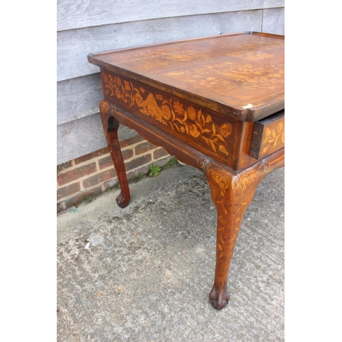 436 - An antique Dutch marquetry centre tray top table with bird, swag and scroll decoration, fitted one f... 