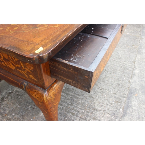 436 - An antique Dutch marquetry centre tray top table with bird, swag and scroll decoration, fitted one f... 