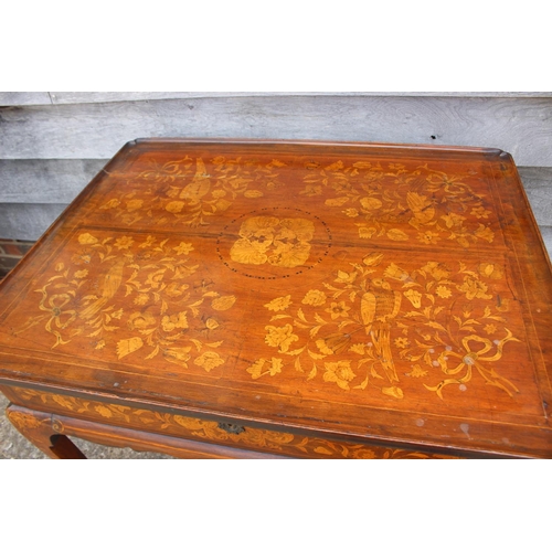 436 - An antique Dutch marquetry centre tray top table with bird, swag and scroll decoration, fitted one f... 