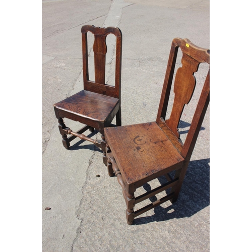 455 - Two 18th century oak panel seat side chairs with vase splat backs, on turned and stretchered support... 