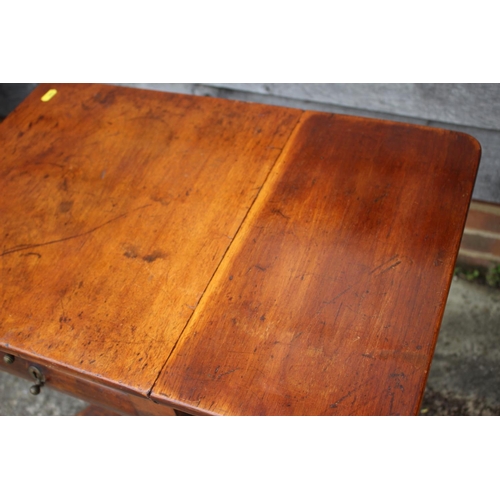 468 - A 19th century mahogany work table, fitted flap top and two drawers, on quatraform base, 34