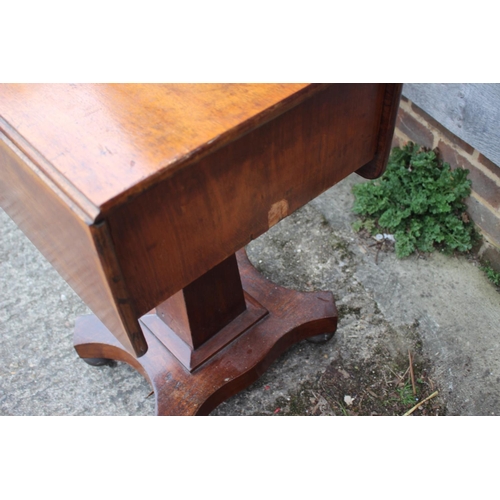 468 - A 19th century mahogany work table, fitted flap top and two drawers, on quatraform base, 34