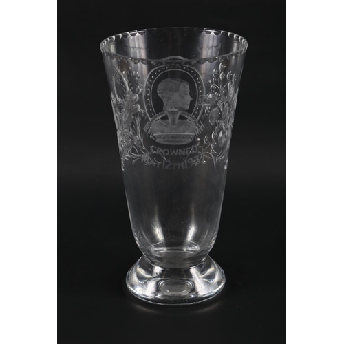 47 - A Webb Edward VIII 1937 Coronation tapered glass vase with hand engraved decoration, 10 1/2