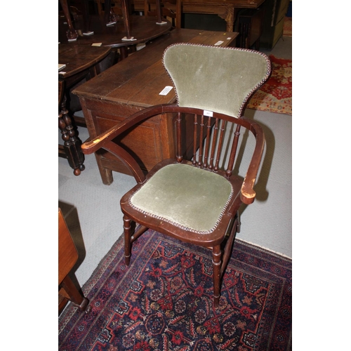 487 - A late 19th century walnut showframe low seat nursing chair, on scroll supports, a late Victorian eb... 