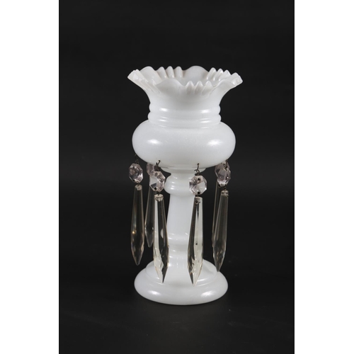 49 - A milk glass lustre with seven cut glass spear drops