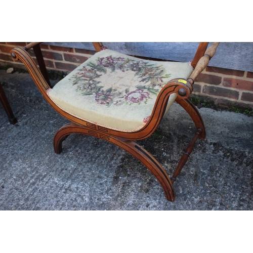 506 - An early 19th mahogany and ebony line inlaid 'X' frame stool with needlepoint seat (worn), 31