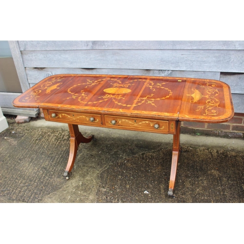 510 - A Sheraton Revival mahogany and satinwood banded marquetry sofa table, fitted two drawers with repla... 