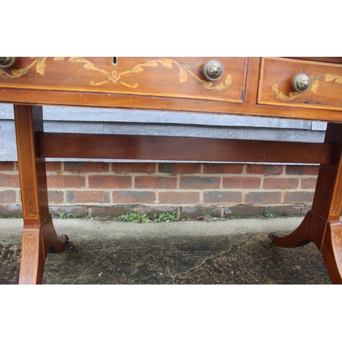 510 - A Sheraton Revival mahogany and satinwood banded marquetry sofa table, fitted two drawers with repla... 