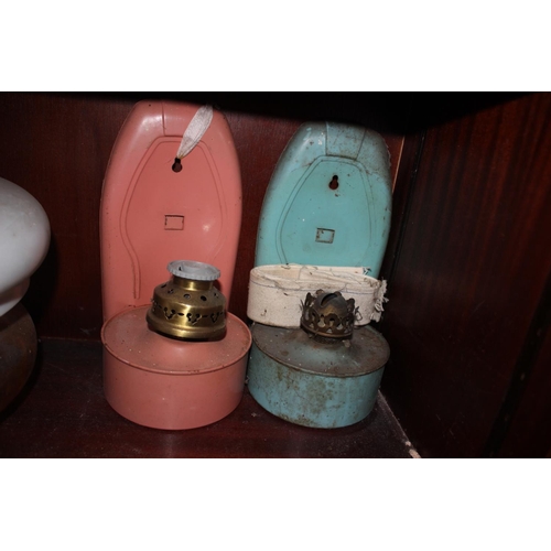 237 - A pair of vintage enamelled wall mounted oil lamps, a quantity of glass chimneys, a pair of coaching... 