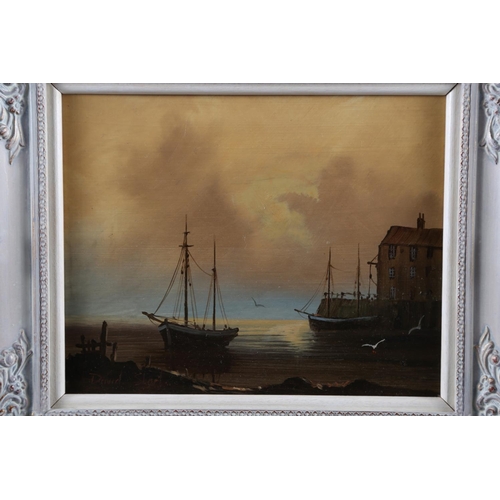 412 - David Short: oil on board, evening harbour scene, 8