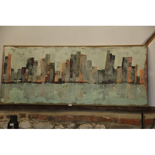 434 - An oil on hessian view of a city skyline, 30