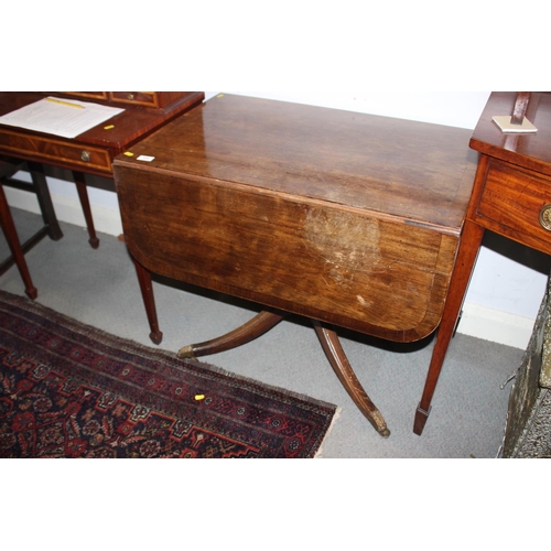 439 - A 19th century mahogany and rosewood banded drop leaf occasional table, fitted one drawer with ring ... 