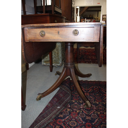 439 - A 19th century mahogany and rosewood banded drop leaf occasional table, fitted one drawer with ring ... 