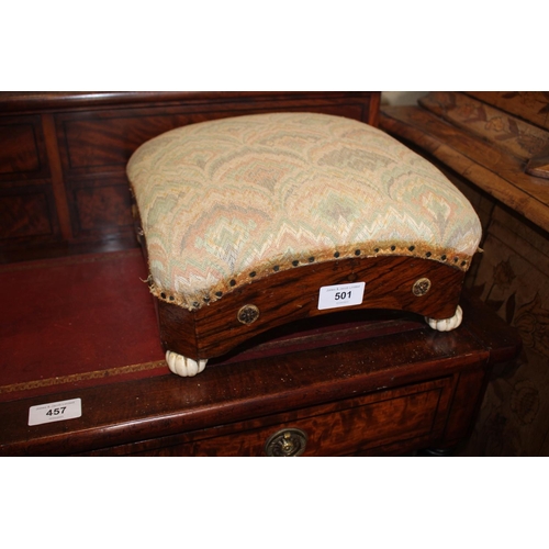 501 - A pair of mid 19th century figured walnut footstools, on ceramic feet, 11