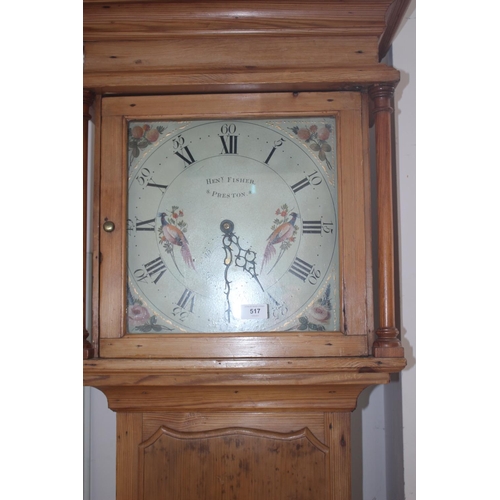 517 - A late 19th century waxed pine long case clock with painted dial and 30 hour movement by Henry Fishe... 