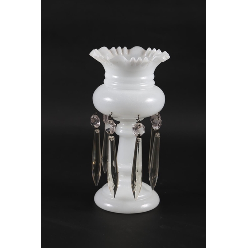 46 - A milk glass lustre with seven cut glass spear drops