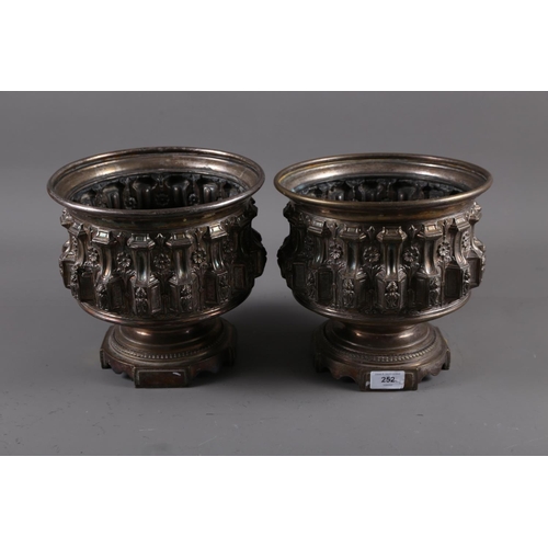 272 - A pair of French silver plated pedestal jardinieres, by C Pillet, with embossed decoration, 9