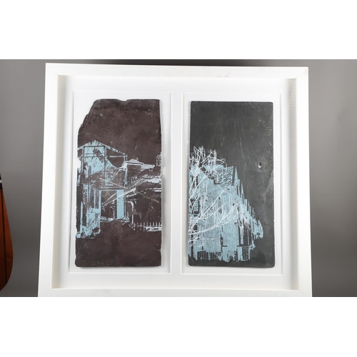 531 - Acrylic on slate, a pair of architectural studies, in common frame