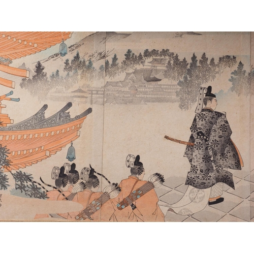 132 - A 19th century Japanese woodblock triple-panel, figure arriving at samurai's house