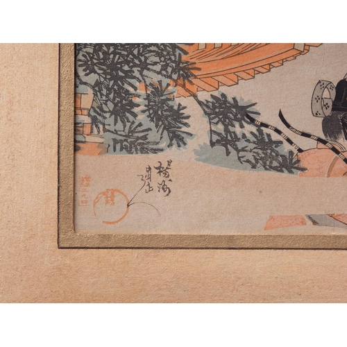 132 - A 19th century Japanese woodblock triple-panel, figure arriving at samurai's house