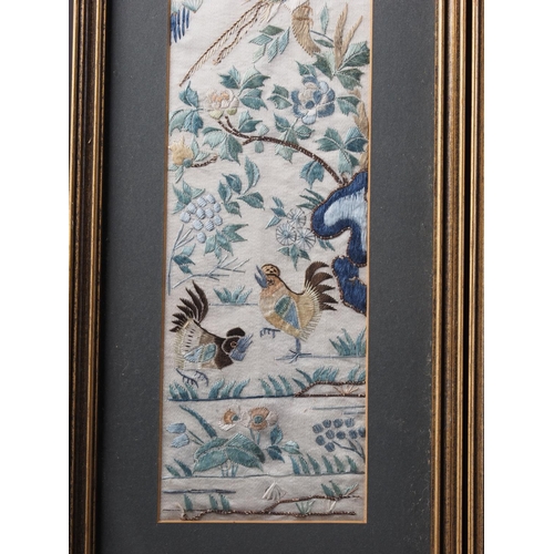 140 - A pair of Chinese embroidered cuffs, birds in landscapes, 19