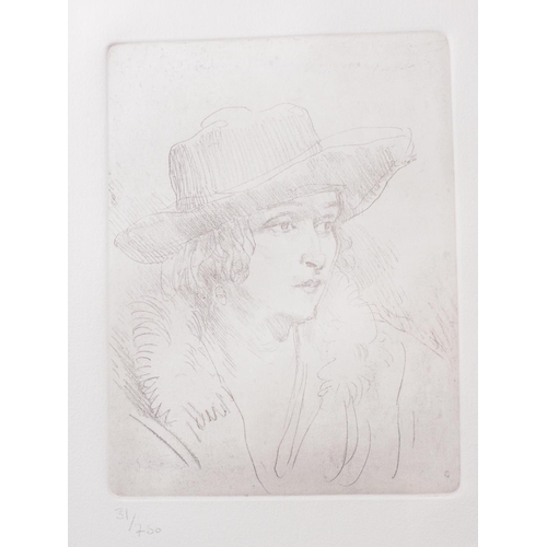 439 - After Augustus John: a limited edition print of an etching, woman wearing hat, 31/750, in gilt strip... 