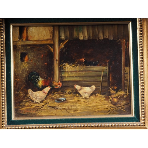 440 - H Farcher: oil on board, interior barn scene with hens and cockerel, 7 1/2