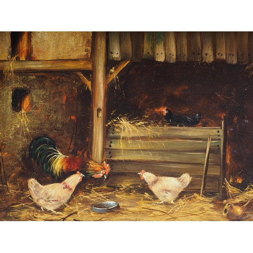 440 - H Farcher: oil on board, interior barn scene with hens and cockerel, 7 1/2