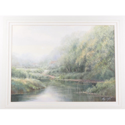 487 - Hilary Schoffield: watercolours, river scene with distant cottage, 13 1/4