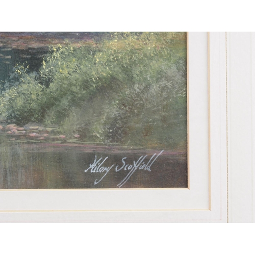 487 - Hilary Schoffield: watercolours, river scene with distant cottage, 13 1/4