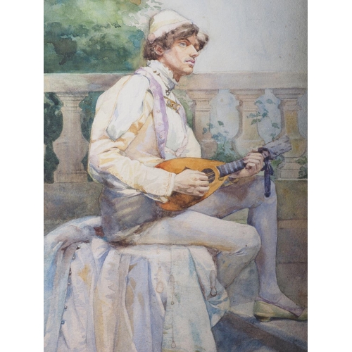 502 - Continental School: watercolours, minstrel playing a mandolin, 16