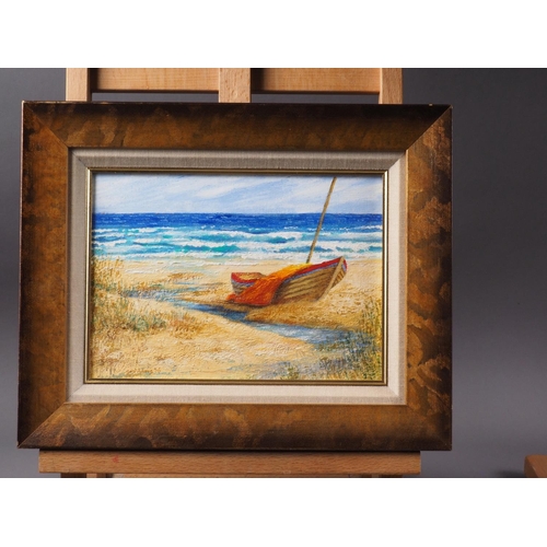 516 - Susi Adams: oil on board, sailing boat on a beach, 6 3/4