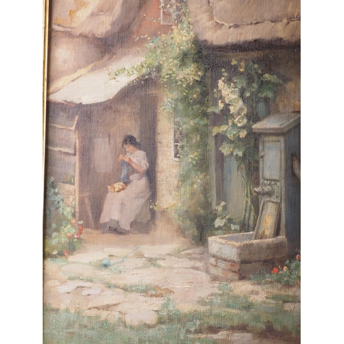 518 - Nora Hartley: oil on canvas, girl sewing outside a cottage, 14 3/4